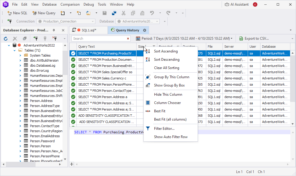 Query History shortcut menu