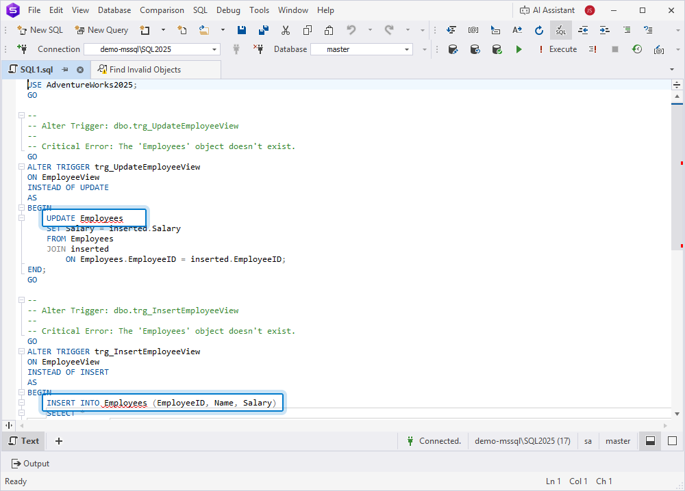 View the generated script with invalid objects marked with an error underline