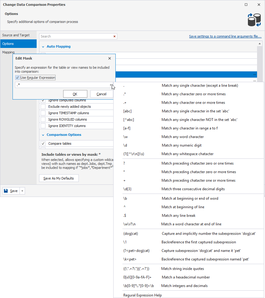 Filter database objects by regular expressions