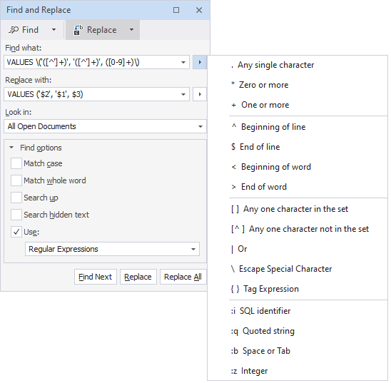 Regex in the Find and Replace window