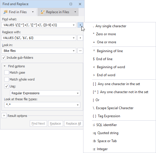 Regex in the Find and Replace window