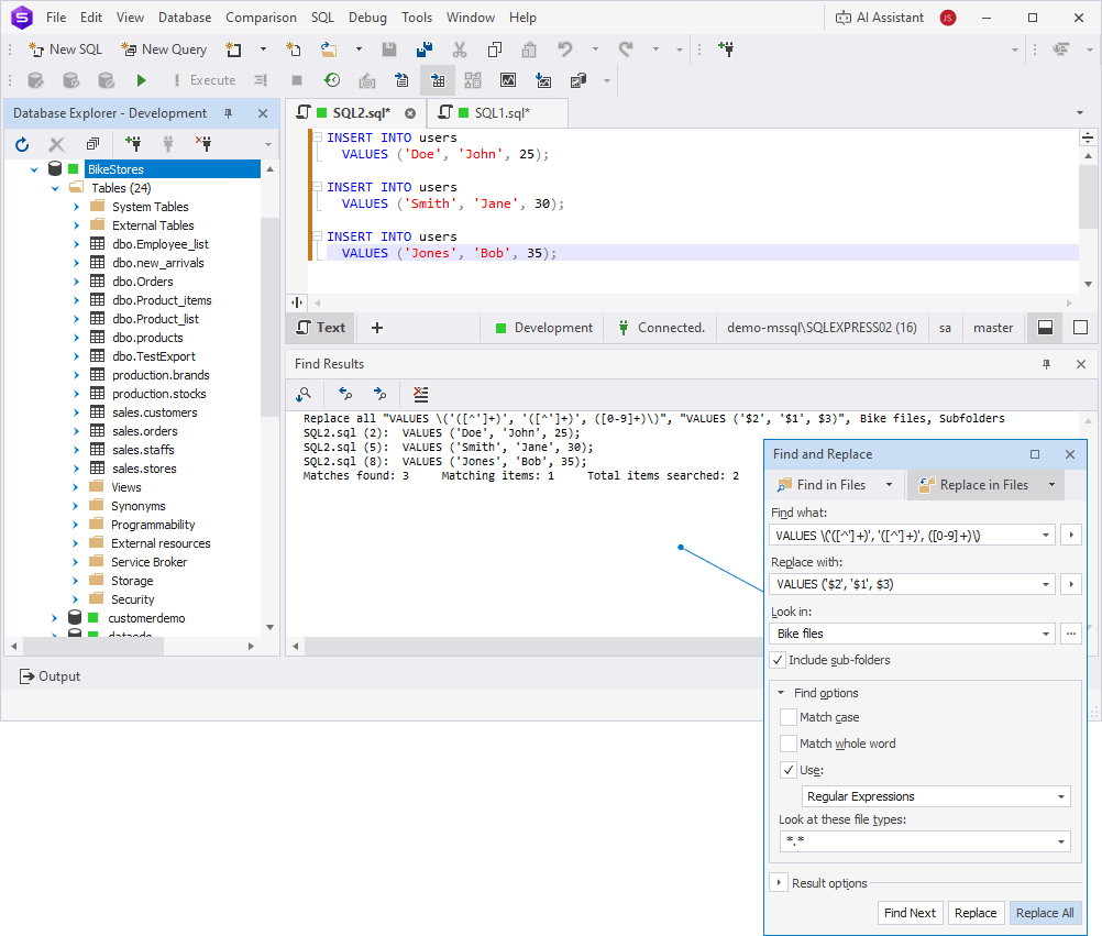 Replace in files results