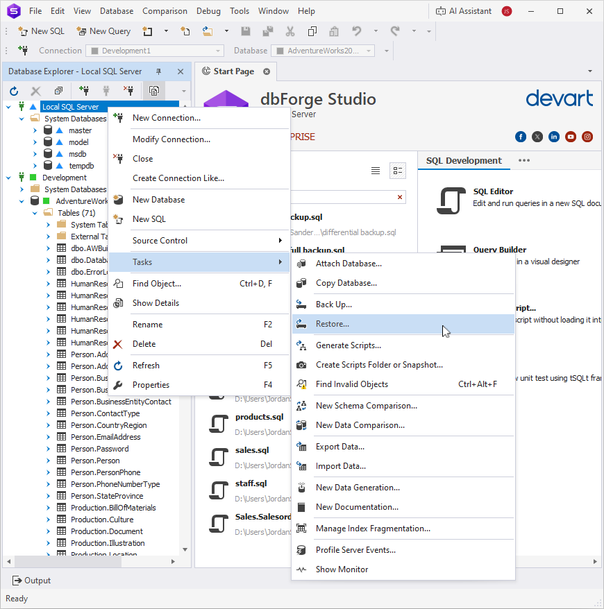 Open the Restore Database wizard
