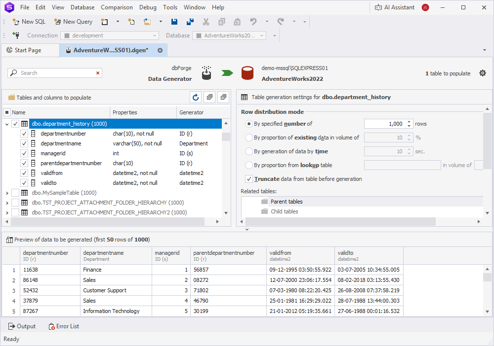 Data generation document with a tree pane, generation settings pane, and data preview