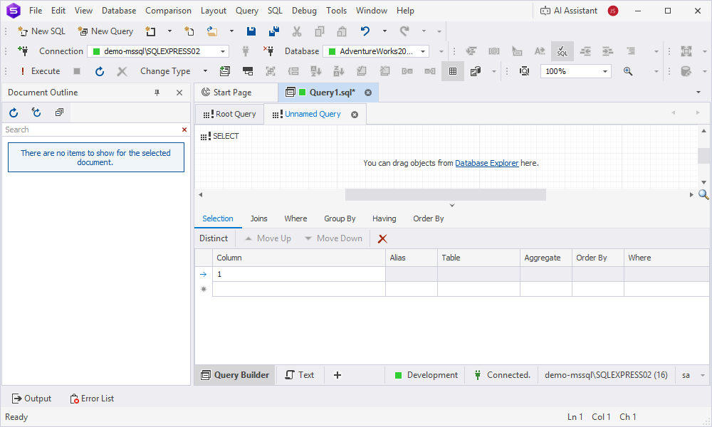 Root and unnamed queries on Query Builder diagram