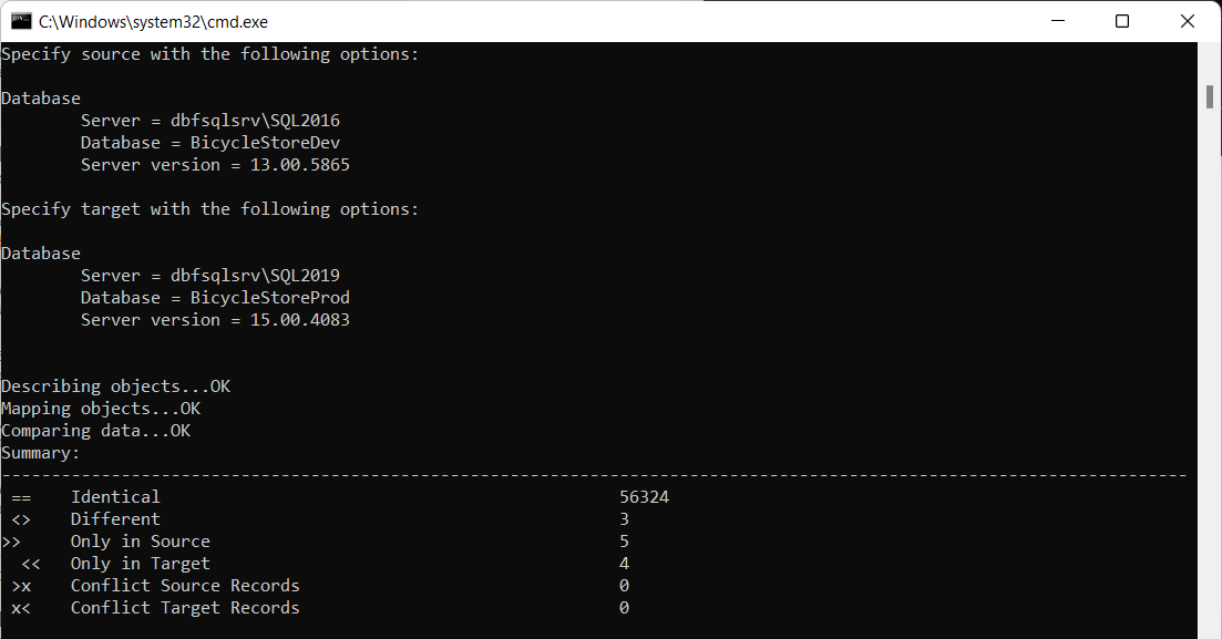 Compare source and target schemas from the command line