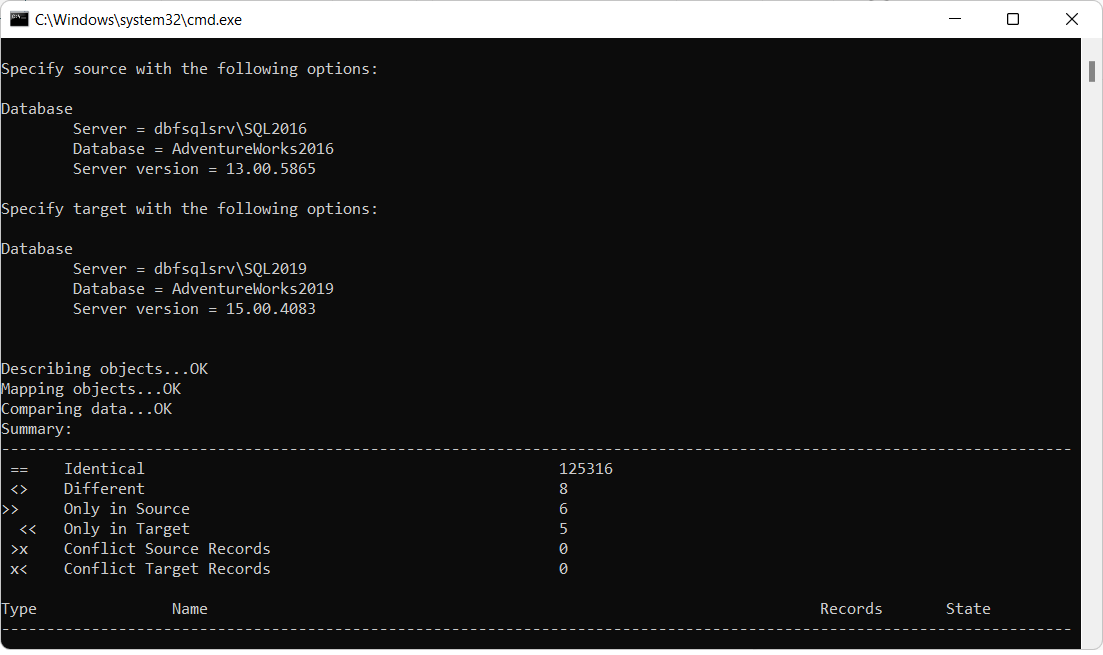 Compare source and target schemas from the command line