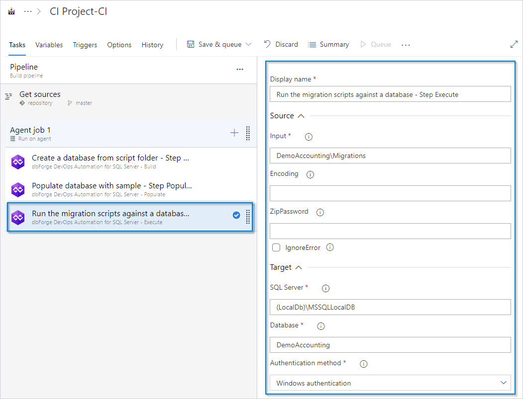 Create the Run the migration scripts task