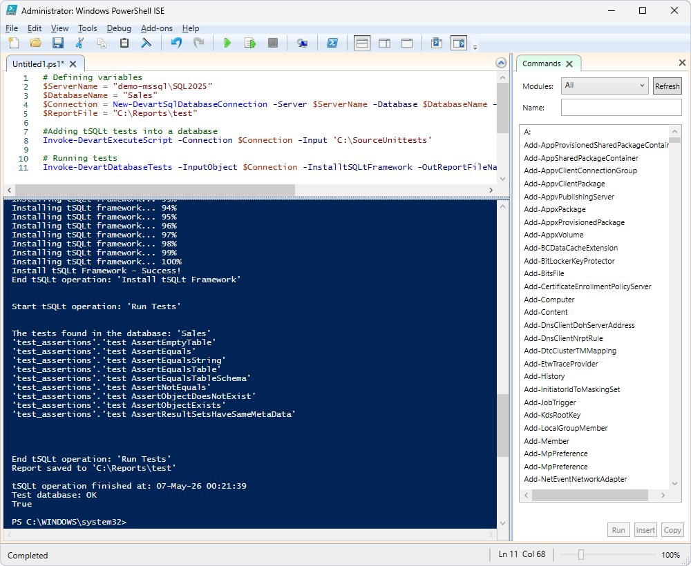 Run unit tests using the PowerShell cmdlet