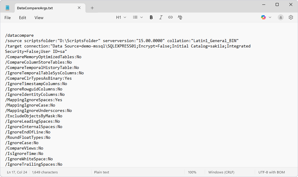 Save settings to a command-line arguments file