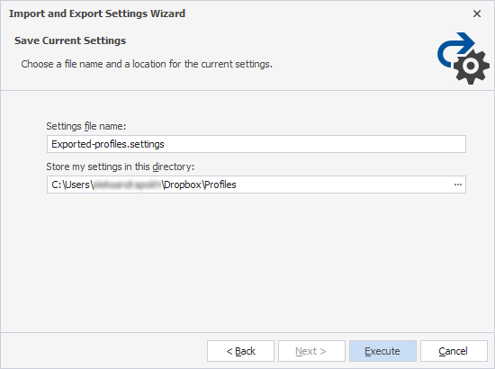 The Save current settings page of the Import and Export Settings Wizard