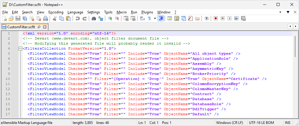File with all object types, synchronization status, and associated filter rules