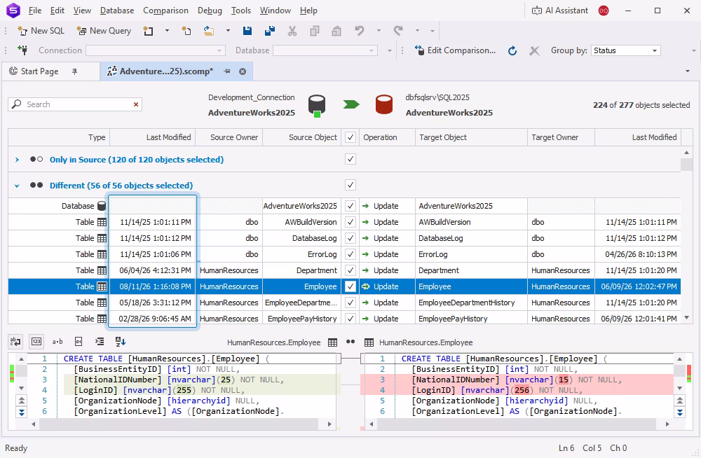 The Last Modified column in a schema comparison document
