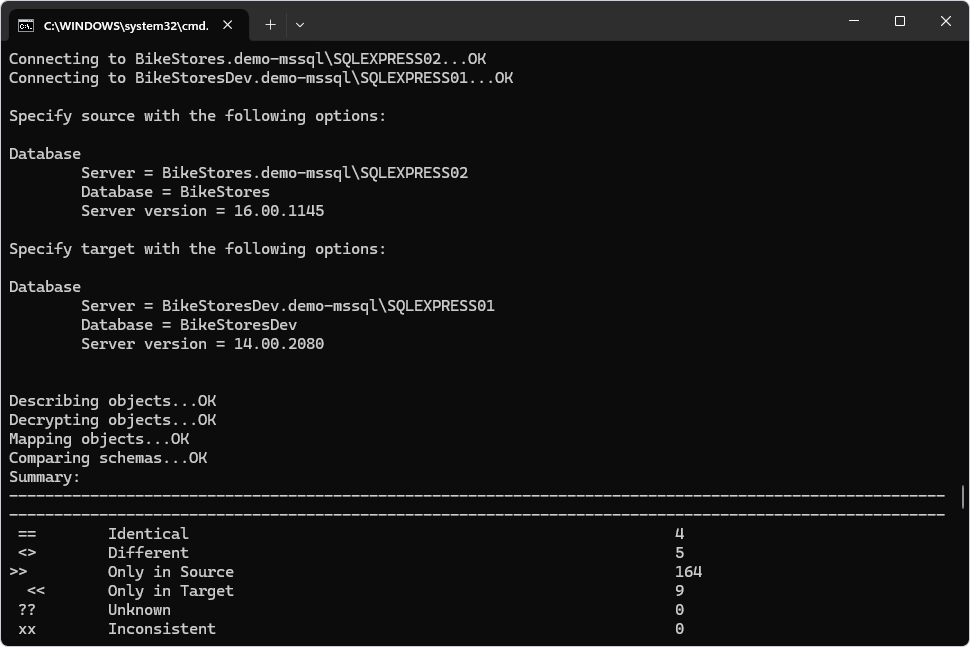 Compare source and target schemas from the command line