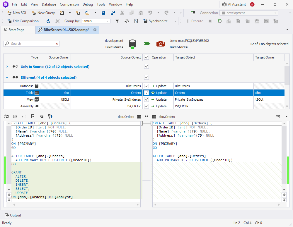View comparison results