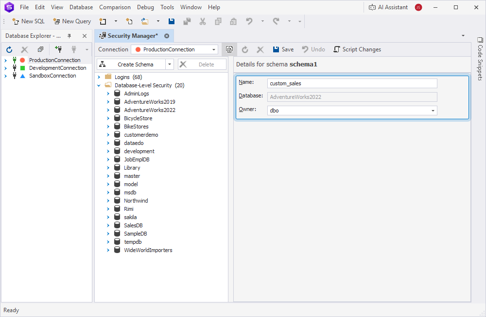 The General tab with details for a new schema in the Security Manager window