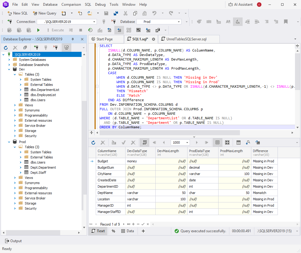 Script to compare tables structures
