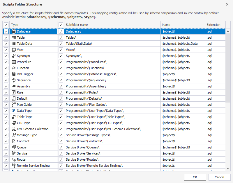 Define a folder and file naming structure in the Scripts Folder Structure dialog