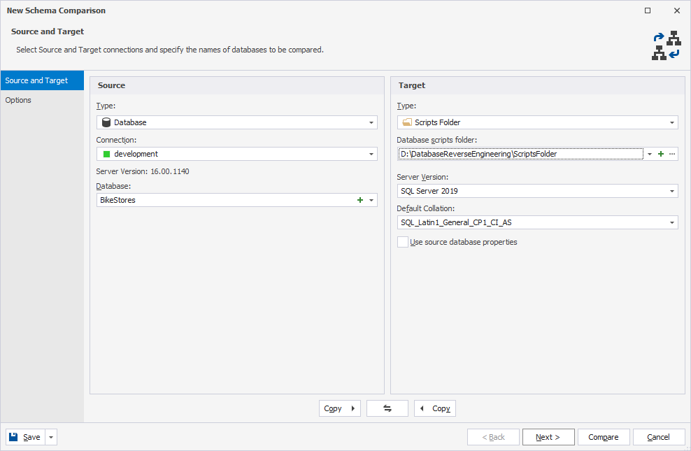 Set a source and target databases for comparison