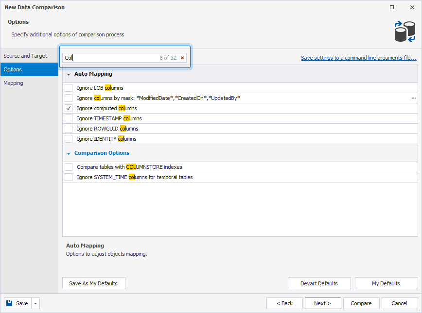 Search for data comparison options