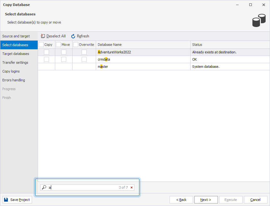 Search for databases in the Copy Database wizard