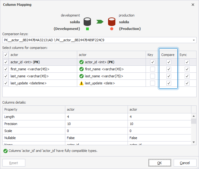 Select columns for comparison