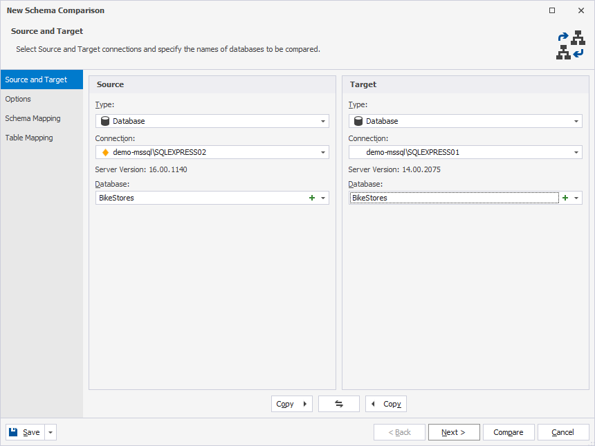 Select a database as a data source type