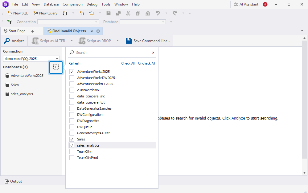Select the databases to search for invalid objects