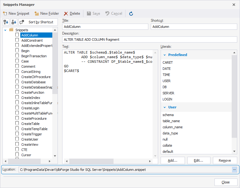 Select a folder in Snippets Manager