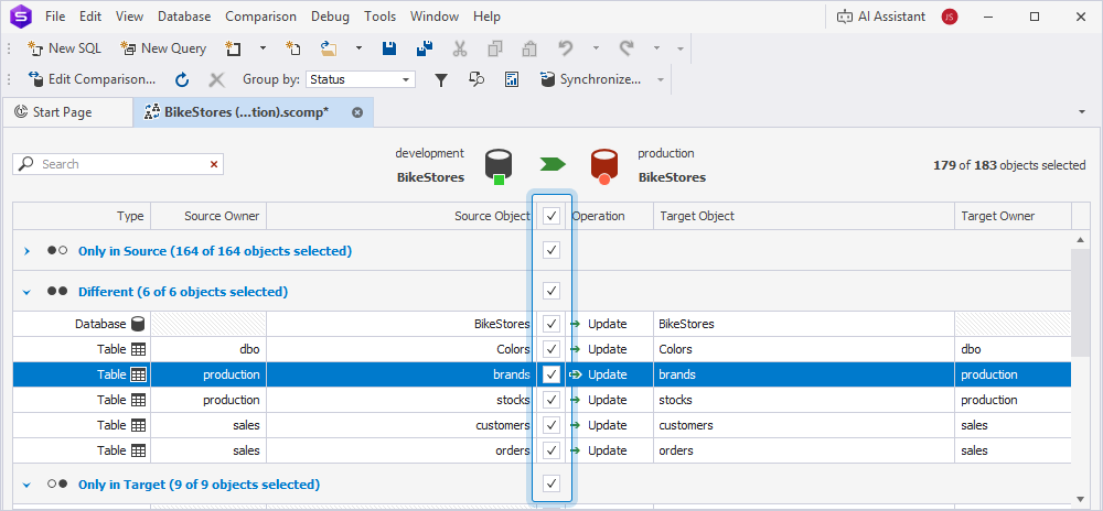 Select objects to synchronize