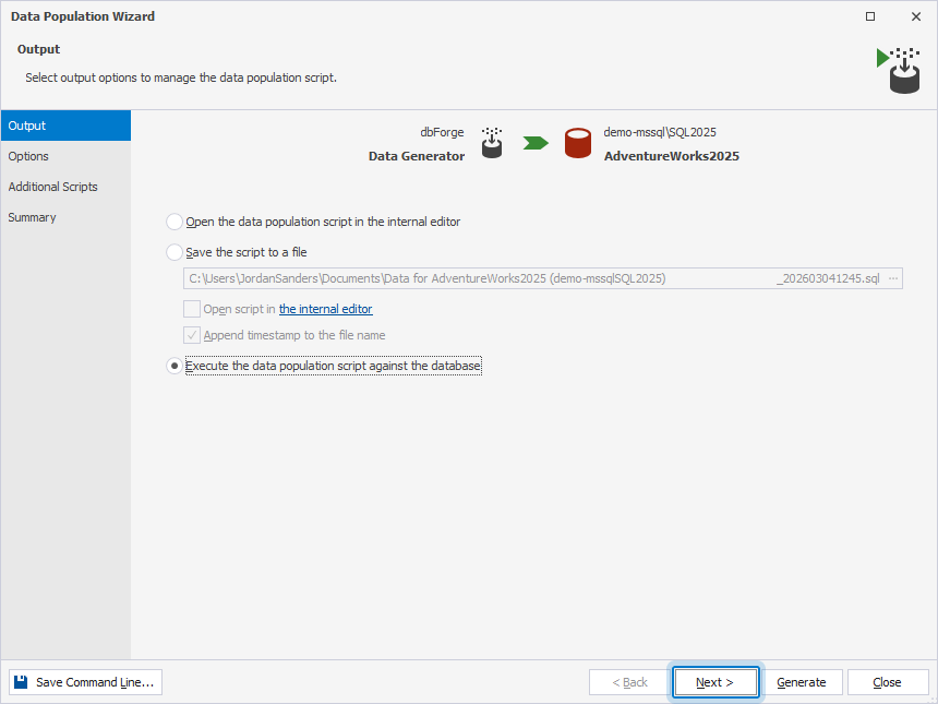 Select an output option to manage the deployment script
