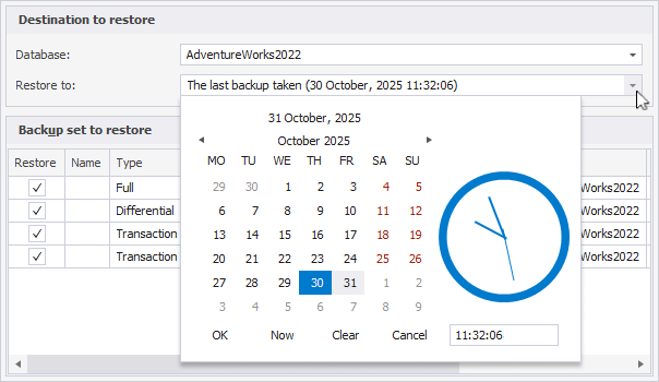 Specify the point in time to which the database will be restored