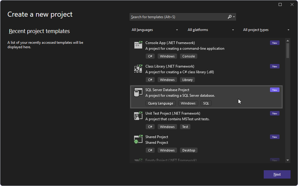 Select a SQL Server database project