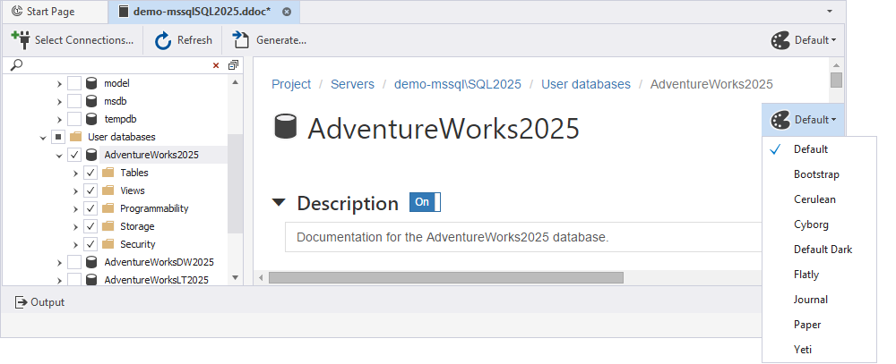 Select a visual style for the database documentation project