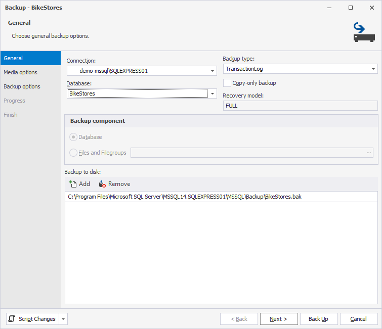 General options in the Backup wizard