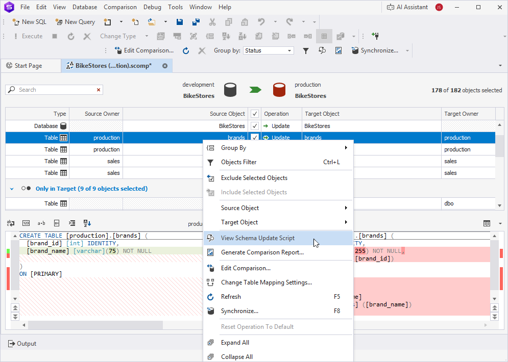 View the schema update script