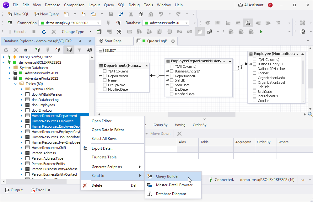 Add tables to the Query Builder diagram