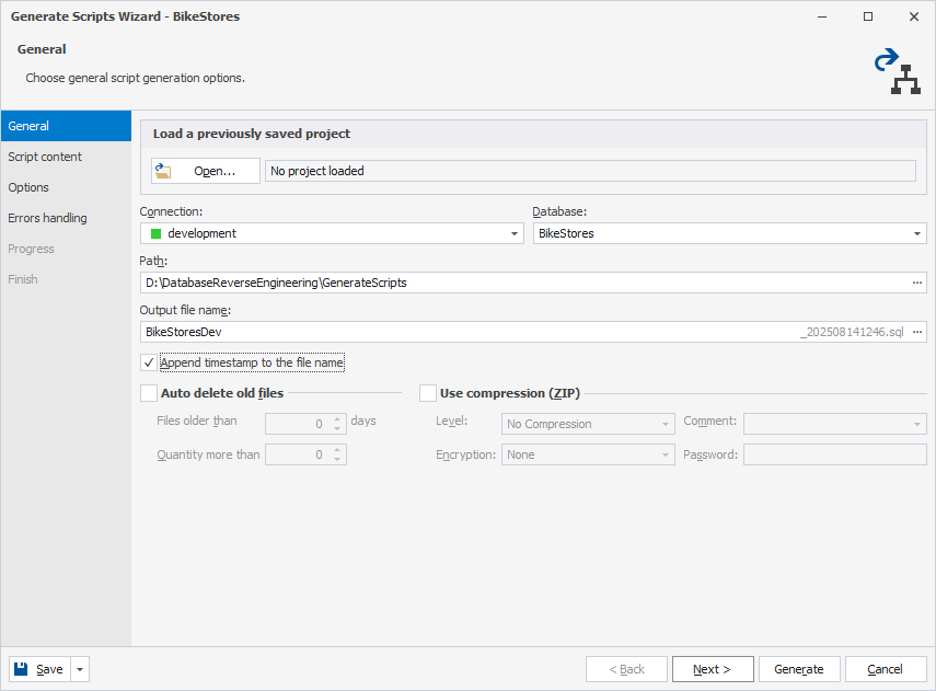 Set general options for the output file