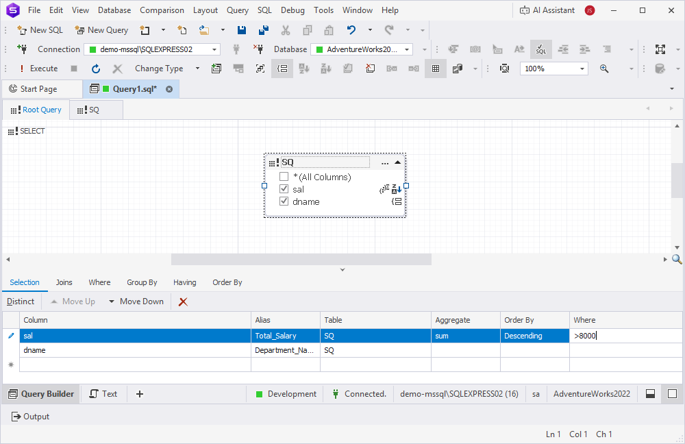 Set parameters for the columns