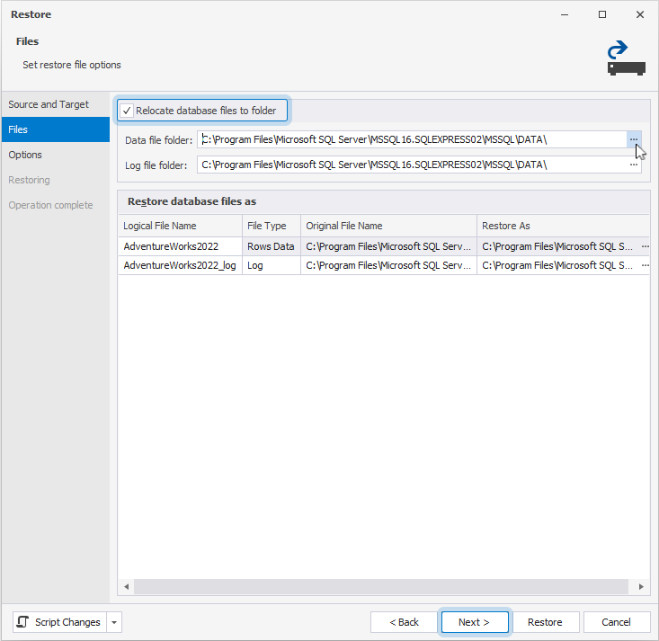 Specify target locations for the restored database files on the Files page