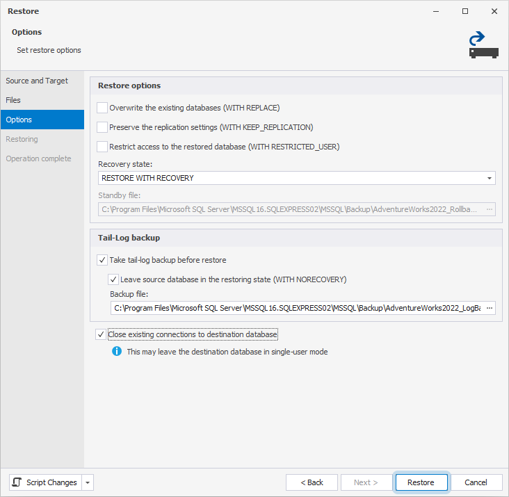 Set the restore options