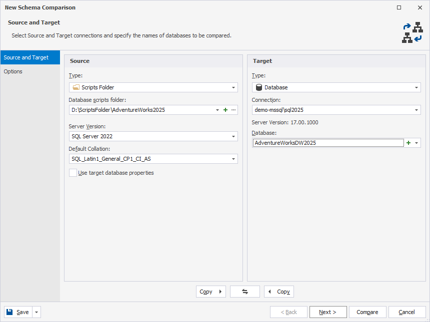 Add a scripts folder to schema comparison as the source