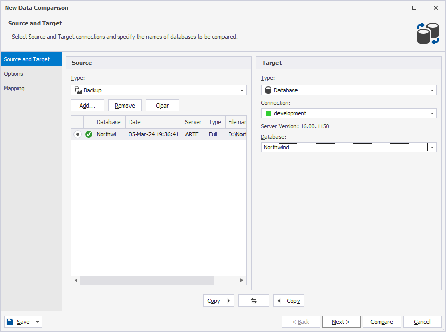 Set up source and target schema comparison options