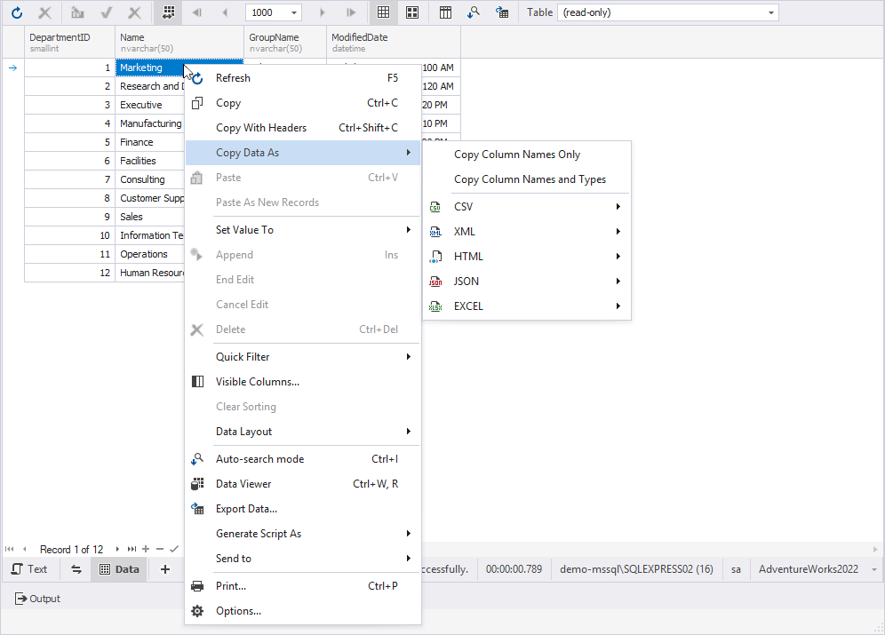 Data Editor shortcut menu commands