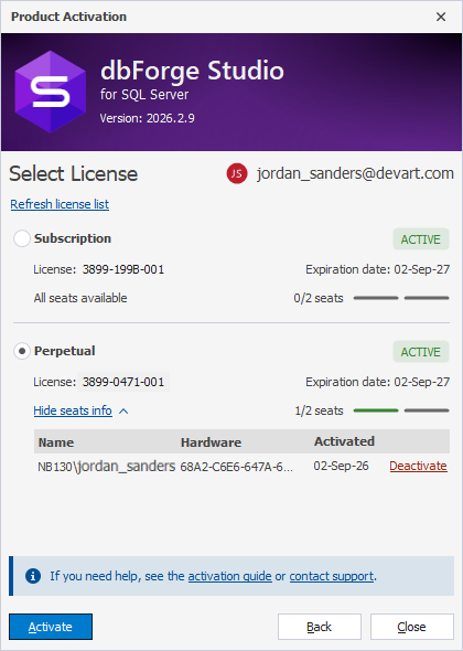 The Product Activation dialog - Multiple licenses