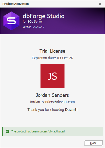 The Product Activation dialog - Successful activation of a trial license