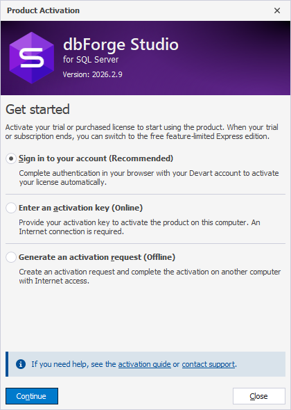 The Product Activation dialog - Sign in to your account