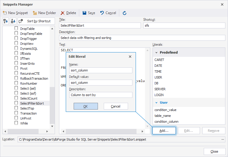 Create a literal for the snippet