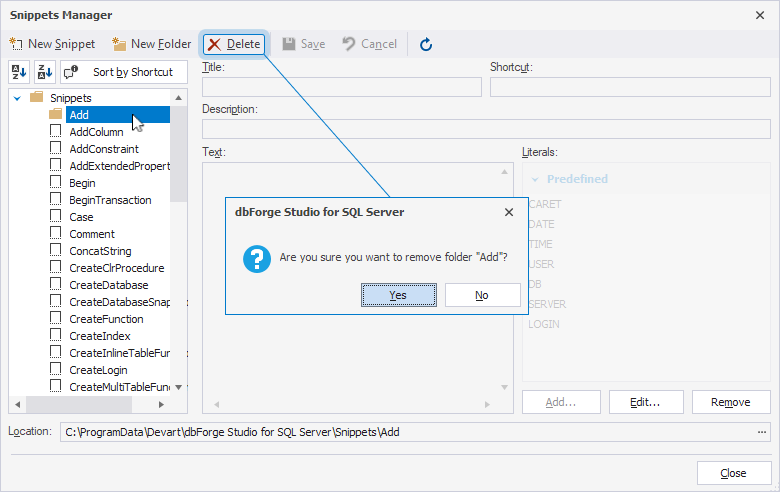 Delete a snippet in Snippets Manager