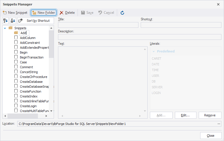 Group snippets in Snippets Manager